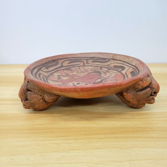 Mesoamerican-Style Terracotta Tripod Bowl – Face Motif – 8" - Picture 2 of 12